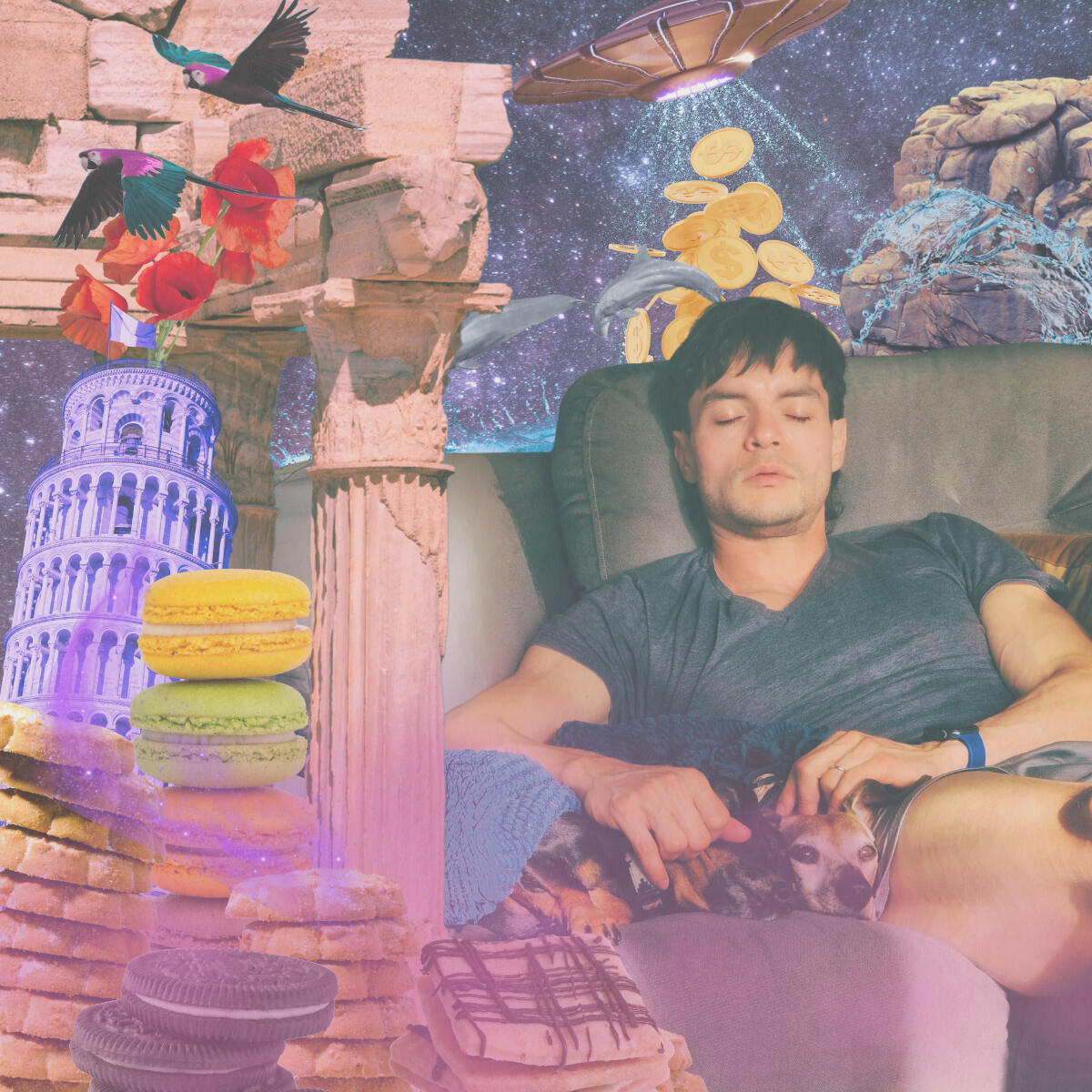 Carta del Tarot: La Revelación de Geo Collage surrealista de tarotista queer en atuendo negro rodeado de flamingos, estatuas clásicas, cartas del tarot y símbolos esotéricos sobre un fondo galáctico.